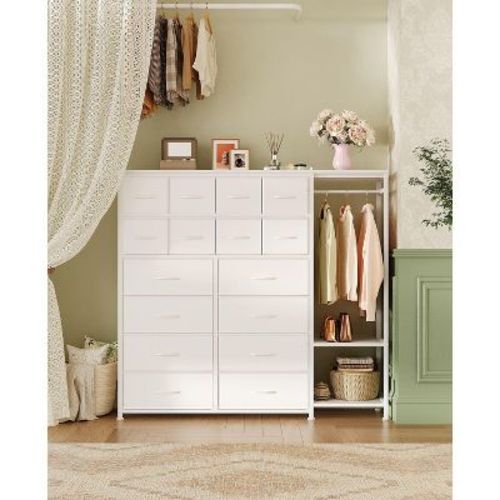 16 Drawers Dresser with Clothes Rack, Tall Dresser for Bedroom, Fabric Storage Tower Drawers Organizer Unit