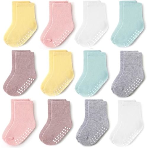 JAKIDAR 12 Pack Baby Toddler Socks Non Slip Grip Cotton Crew Socks for Boys Girls Infants Kids