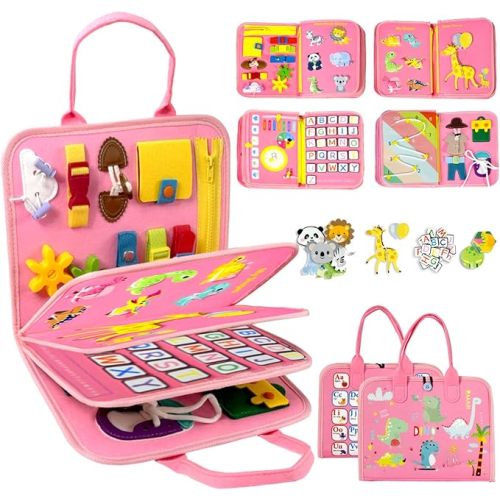 Qizfun Toddler Busy Board Montessori Toys – Sensory Busy Book, Educational Learning Travel Toy for Airplane & Car, Keeps Toddlers Engaged, Birthday Gifts for Toddler Girls