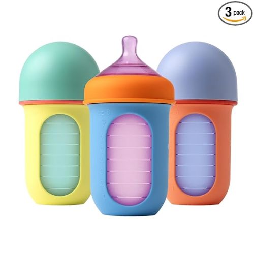 Boon Nursh Bottles - Silicone Baby Bottles Help Ease Colic Symptoms - Reusable Food-Grade Silicone Pouches with Polypropylene Shell - Medium Flow - 8 Oz - Color Block