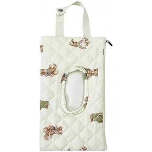 Quilted Baby Wipe Holder Quilted Wipe Pouch Portable Hanging Floral Wet Wipes Bag for Car, Stroller (Bear 3)