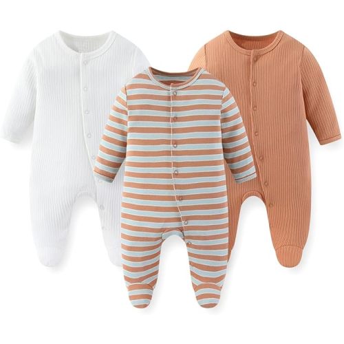 Unisex Baby Boy Girl Footies Rompers Cotton Long Sleeve 3 Pack Infant Jumpsuits 0-12Months Babies' Outfits