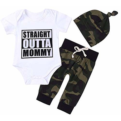 Cute 3pcs Newborn Baby Boys Letter Print Romper+Camouflage Pants+Hat Outfits Set (0-3Months, White&Outta) 1