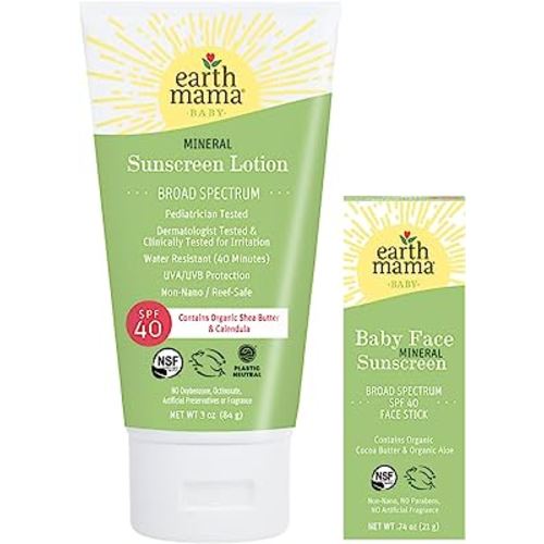 Earth Mama Baby Face Mineral Sunscreen Stick & Lotion Set, SPF 40 | Reef Safe, Non-Nano Zinc, Contains Organic Cocoa Butter, Shea Butter, Aloe & Calendula | Babies, Kids & Family