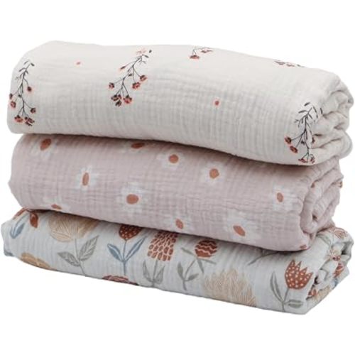 Muslin Swaddle Blanket, 3 Pack, 38 x 40 Inches, Flowers