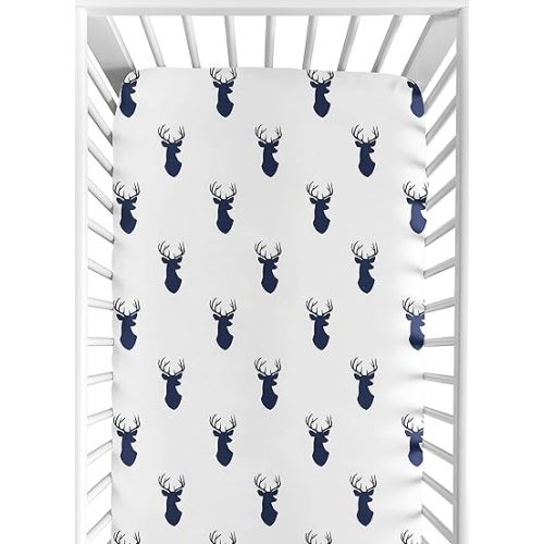 Sweet Jojo Designs Navy Blue White Woodland Deer Boy Baby Fitted Crib Sheet for Infant Newborn Nursery Toddler Bed Room Standard Mattress - Forest Animal Stag Antler