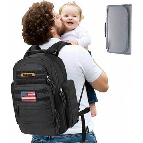 SHARKMOUTH Dad Diaper Bag Military - Large Baby Diaper Backpack with Changing Pad for Travel Camping Trips Park - Newborn Baby Shower Gifts Black