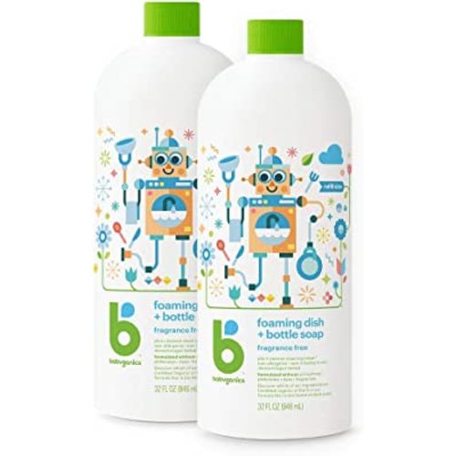 Babyganics Foaming Dish & Bottle Soap, Fragrance Free, Plant-Derived Cleaning Power, Removes Dried Milk, 32 Fl Oz (Pack of 2), Packaging May Vary