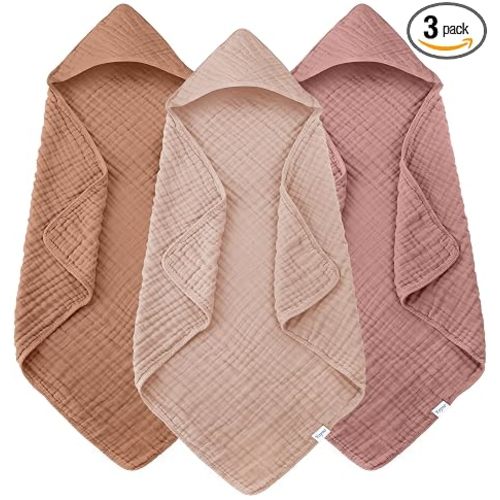 Muslin Hooded Baby Bath Towels - 3 Pack 100% Cotton Ultra-Soft Towels for Newborns, Infants, Toddlers - 32x32 Inch - Highly Absorbent, Quick-Dry Essentials for Bath, Beach, Pool, Bean Paste Series