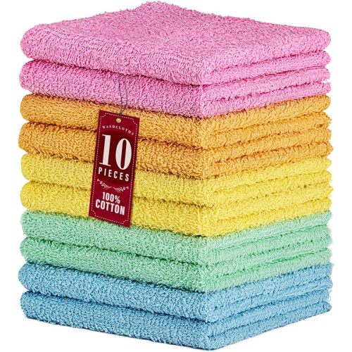 100% Cotton Washcloths 12x12 in, Assorted Colors (10 Pack)