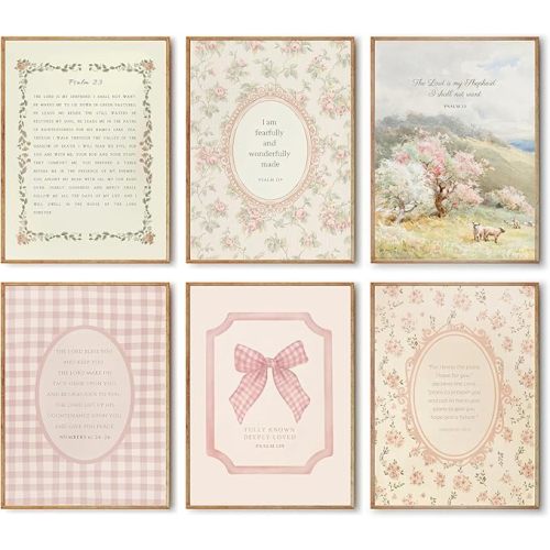 Christian Nursery Wall Art Bible Verse Wall Decor Prints Jesus Religious Posters Pink Flower Bow Bible Verse Canvas Painting Kids Vintage Christian Boho Prints for Girls Bedroom 6Pcs Unframed