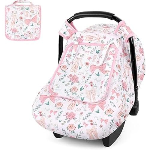 Baby Car Seat Cover Winter, Windproof Carseat Covers for Newborn with 2 Layers Window, Pink Flowers Infant Car Seat Canopy for Girls with Minky Dot Backing, Keeps Babies Warm and Cozy
