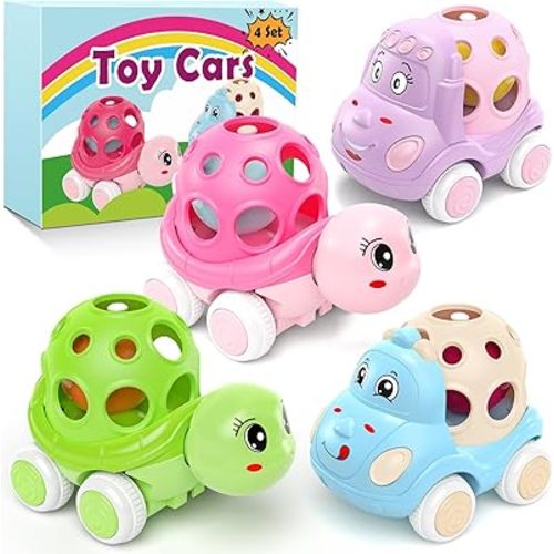 4 Set Toy Cars for Toddler Girl, Toddlers Push Car Toys Pink, Rattles Push and Go Truck, Birthday Presents for Twin Girls 3 + Year Old Twins Gift Ideas