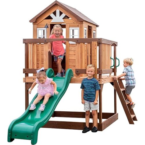 Backyard Discovery Echo Heights Elevated Cedar Wooden Kids Playhouse with Wave Slide, Play Kitchen, Wrap-Around Deck, Flat-Step Ladder, Half Door, Windows, Bell, and Growth Chart for Outdoor Play
