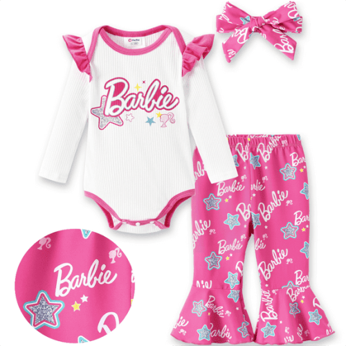 Barbie Baby Girls Clothes 3pcs Set Graphic Long Sleeve Ruffle Romper Bell Bottom Pants And Headband Star Print Pink Outfit 3-6 Months