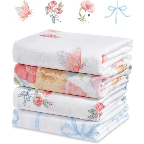4-Pack 100% Cotton Muslin Swaddle Blankets, Large 47 x 47 Inches — Breathable Soft Receiving Blankets for Newborns, Swaddling Wraps, Baby Essentials, Registry Gift (Butterfly Floral Garden)