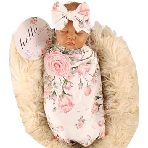 Galabloomer Receiving Blanket Headband Set Flower Print Baby Swaddle Receiving Blankets