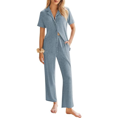Ekouaer Womens Rib Knit Pajamas Button Up Lounge Sets Short Sleeve Top and Long Pants Matching Pjs Sleepwear Loungewear