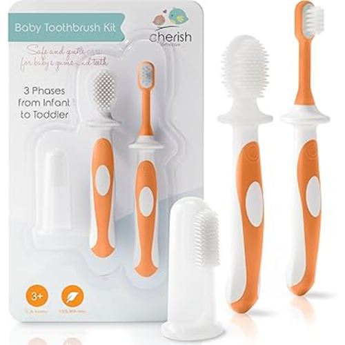 Cherish Baby Care Baby Toothbrush & Toddler Toothbrush Set (0-2 Years) - BPA-Free & Safety-Tested, 2023 Award Winner, Food-Grade Silicone (Orange)
