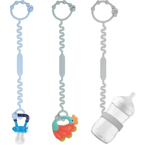 Toy Straps, Pacifier Holder Clip with Self-Adjusting Bayonet, Pure Silicone Material Without BPA; Can Be Used for Teethers, Feeding Bottles, Toys, Baby Cribs, High Chairs(Blue-3ps)
