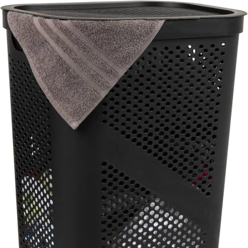 Mind Reader Slim Laundry Hamper with Lid, 60L Clothes Basket, Ventilated Plastic, Black