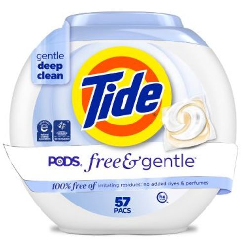 Tide Free & Gentle HE Laundry Detergent Pods 57 Pacs - 42oz: Hypoallergenic, Dye-Free, Child-Resistant Packaging, Dermatologist Tested