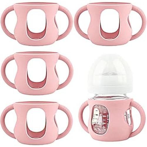 4 Pack Silicone Sleeves for Avent Natural Glass Baby Bottles, Silicone and Easy-Grip Handles for Drop Protection, Compatible with Philips Avent 4/8 OZ Glass Bottle (Cute Pink, 4 OZ)