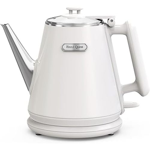 Hazel Quinn Electric Kettle - 1L/34oz Small Tea Kettle, 800W Fast Boil, All 304 Stainless Steel Interior, Double Wall for Cool Touch and Thermal, Auto Shut-Off, BPA-Free, Cordless - Pearl White
