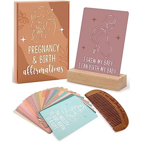 Levfla Pregnancy and Birth Affirmation Cards with Wooden Engraved Labor Comb Production Encouragement Positive Push New Mom Gifts for Women After Birth Boho Style Gender Reveal Neutral Present