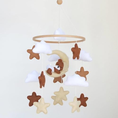Neutral Crib Mobile with Sleeping Bear Baby Mobile for Crib Handmade Felt Mobile Nursery Decor Baby Crib Mobile