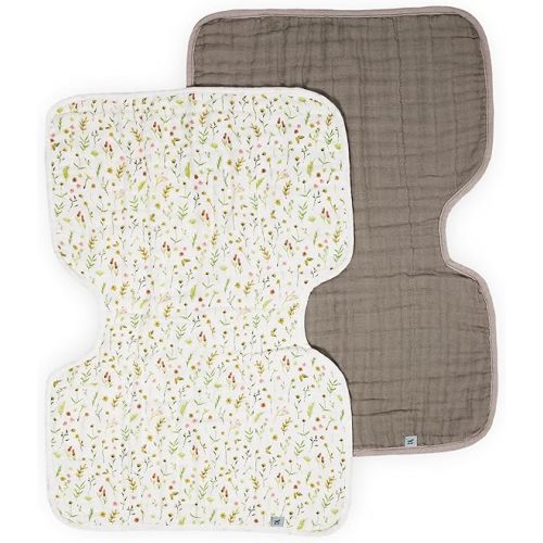 Little Unicorn 100% Natural Organic Cotton Burp Cloth 2 Pack | Ultra-Absorbent & Soft Muslin Fabric | Larger Size & Ergonomic Design (Floral Field + Driftwood)