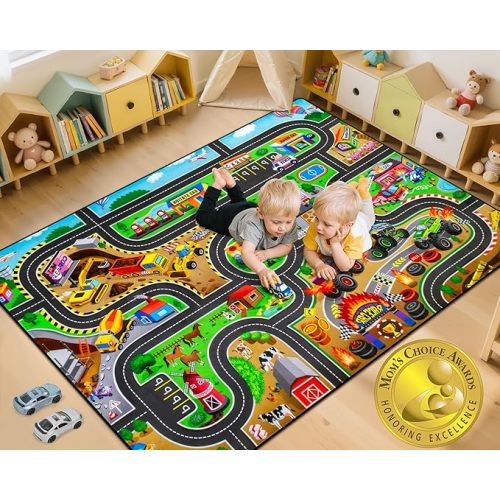 Kids Rug, 4x6 Ft Non-Slip Monster Truck Play Rug, Extra Thick (0.4in), Educational LearningTraffic Road Car Carpet for Nursery, Classroom, Playroom & Bedroom