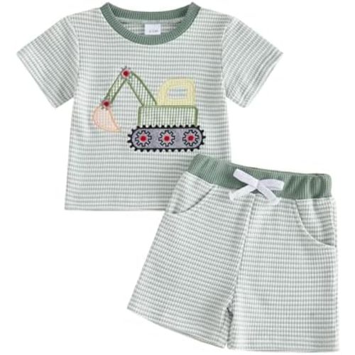 Toddler Baby Boy Outfit 12 18 24 Months 2T 3T 4T Summer Clothes Excavator Embroidered Striped T-shirts and Shorts
