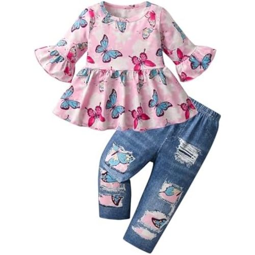 Toddler Girl Clothes Baby Girl Summer Outfits Ruffle Short Sleeve Tops Faux Denim Infant Pants Set 2Pcs