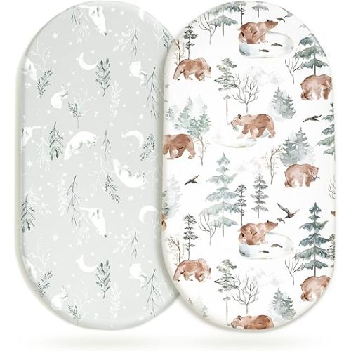 Stretchy Bassinet Mattress Sheets, Ultra Soft Bassinet Sheet 2 Pack, Universal Fitted for Oval Hourglass Rectangular Bassinet Mattress Pad Safe and Snug, Stylish Pattren of Bear and Wolf Print