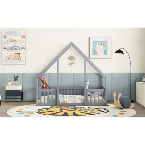 Harper Orchard Wood House-Shaped Floor Bed with Fence,Guardrails | Wayfair