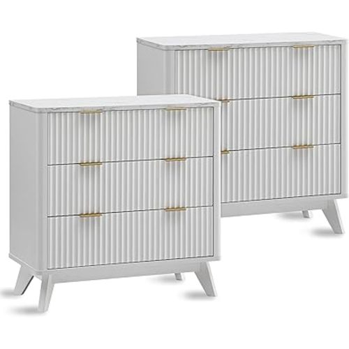 T4TREAM 32" Tall Fluted Nightstand Set of 2, Modern Side Table with Faux Marble Top, 3 Drawers End Table w/Storage, Bedside Table for Bedroom, Living Room, Curved Profile Design, Solid White
