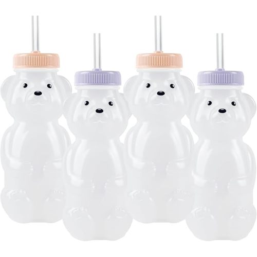 Honey Bear Straw Cups for Babies 4 pack, 8oz straw bear cup with improved safety lid design, honey bear cup and honey bear bottle. Straw learning therapy cup. Leak-Proof & Food-Grade & BPA Free