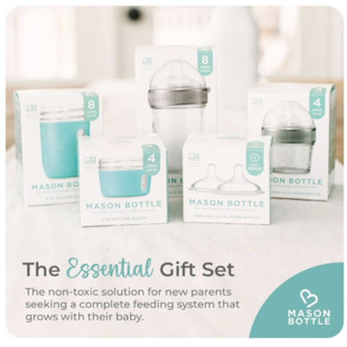 Mason Bottle Baby Glass Bottle Gift Set – Includes 8oz & 4oz Feeding Bottles, Slow & Medium Flow Nipples, Silicone Sleeves, Caps and Rings – BPA-Free, Non-Toxic, Anti-Colic