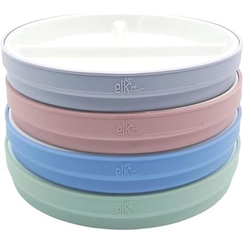 Elk and Friends Kids 7.8” Porcelain White Plates with Silicone Sleeves | Divided Plates | Suitable for Kids/Toddlers | Microwave & Dishwasher Safe | Non Slip | Snack Dishes…