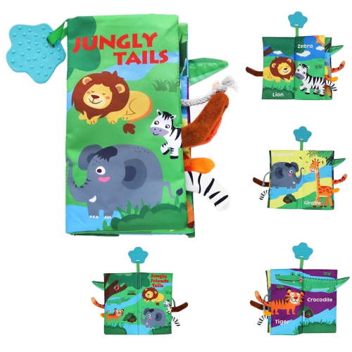 Baby 3D Soft Cloth Books, Washable, Safe & Tear-Resistant, Jungle Tails with Crinkle Paper and Beeper, 18M+