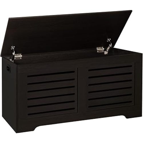 DINZI LVJ Storage Chest, 43.3” Wooden Toy Box with 2 Safety Hinges, Retro Entryway Shoe Storage Bench with Flip-Top, Sturdy Large Storage Trunk for Living Room, Bedroom, Easy Assembly, Espresso