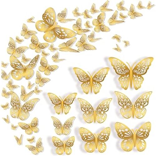 72 Pcs Butterfly Wall Decor, 3 Styles 3 Sizes 3D Gold Butterfly, Wedding Decorations, Birthday Party Decorations, Girls Bedroom Decoration(72 Pcs, Gold)