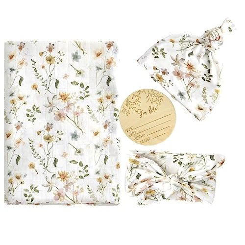 Muslin Swaddle Set with 100% Organic Floral Swaddle, Hat, Bow, and Newborn Welcome World Sign for Baby Girls 70% Bamboo/30% Organic Cotton