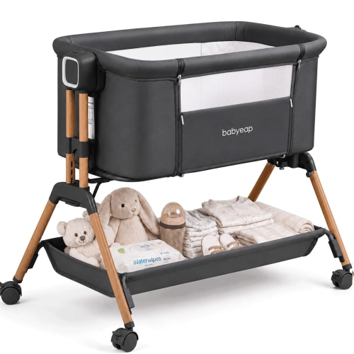 Babyeap 3-in-1 Baby Bassinet, Adjustable Bedside Sleeper with Gentle Rocking Motion, Storage Basket and Wheels for Infants, Gray