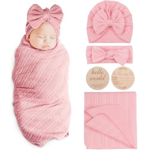 AQOKKA Newborn Receiving Blanket with Bow Hat Headband Wooden Card Set Wheat-Pattern Newborns Toddler Baby Boy Girl Nursery Swaddle Wrap