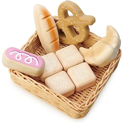 Tender Leaf Toys - Bread Basket - 8 Pcs Wooden Pastries Pretend Food Play Supermarket Shopping Game, with Hand-Crafted Wicker Basket, Play Kitchen Accessories - Age 3+