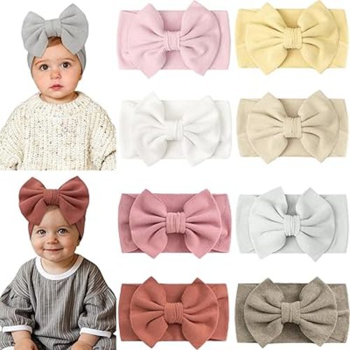 CÉLLOT 8 Colors Super Stretchy Soft Knot Baby Girl Headbands with Hair Bows Nylon Head Wrap For Newborn Baby Girls Infants Toddlers Kids(Light Colors)