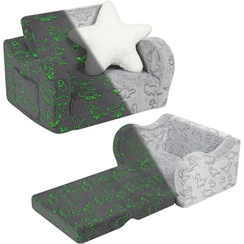 Dinosaur Glow in The Dark Toddler Couch, 2-in-1 Toddler Soft Couch Fold Out with Star Pillow, Convertible Sofa to Lounger for Girls and Boys, 1-Seat