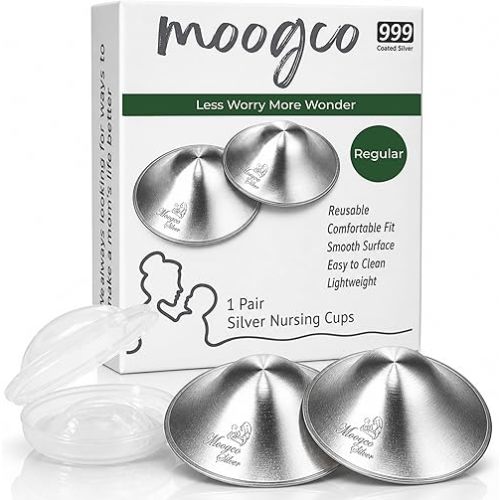MOOGCO Silver Nursing Cups - 999k Silver Nipple Shields for Breastfeeding - Most Durable, Chemical-Free Nipple Protection (Regular, Set of 2)